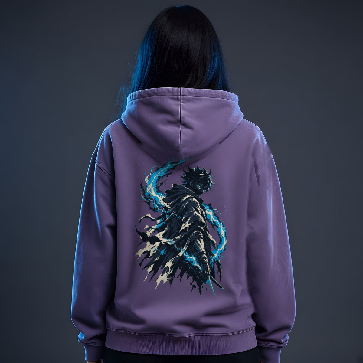 Back view of the Purple EvoCore Phantom Volt Signal Hoodie showing the back print, slate studio, blue rim light.