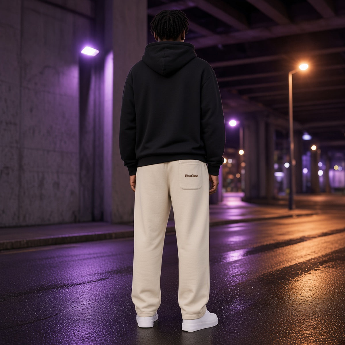 Back view of EvoCore Pumpkin Pause Washed Sweatpants in Apricot under a night overpass, showing EvoCore lettering on the rear pocket.