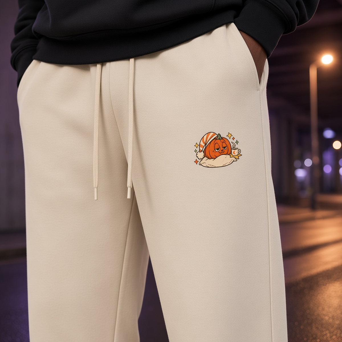 Close-up of the sleepy orange pumpkin resting on a pillow print on EvoCore Pumpkin Pause Washed Sweatpants in Apricot.