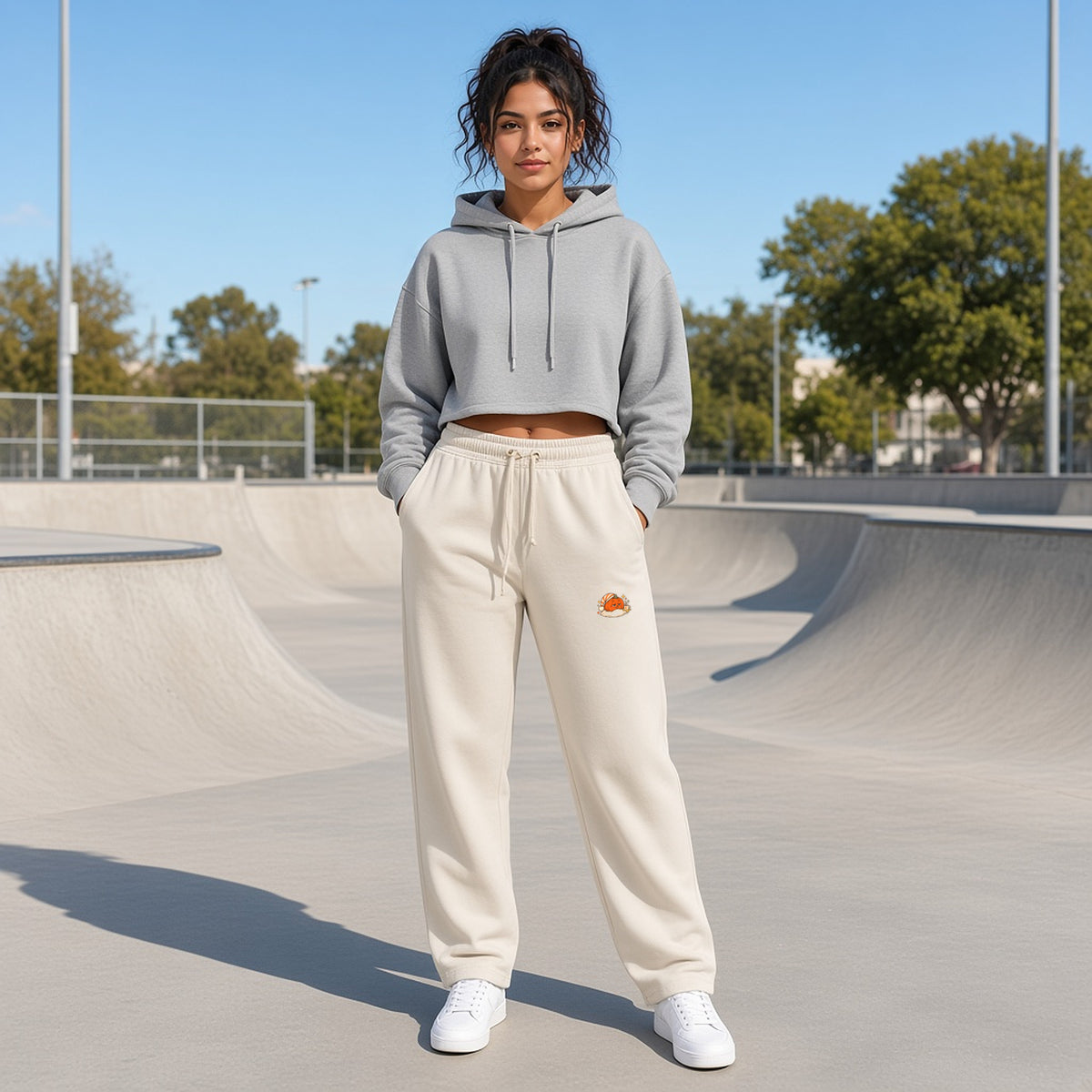 Front view of EvoCore Pumpkin Pause Washed Sweatpants in Apricot worn at a sunny skatepark, sleepy pumpkin print at the thigh.