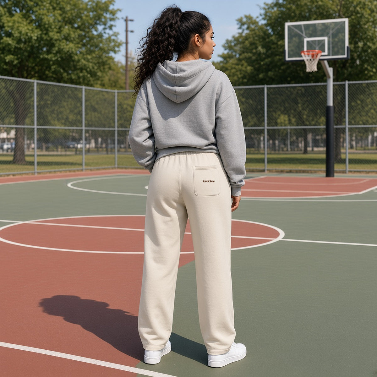 Back view of EvoCore Pumpkin Pause Washed Sweatpants in Apricot on an outdoor basketball court, EvoCore lettering on the rear pocket.