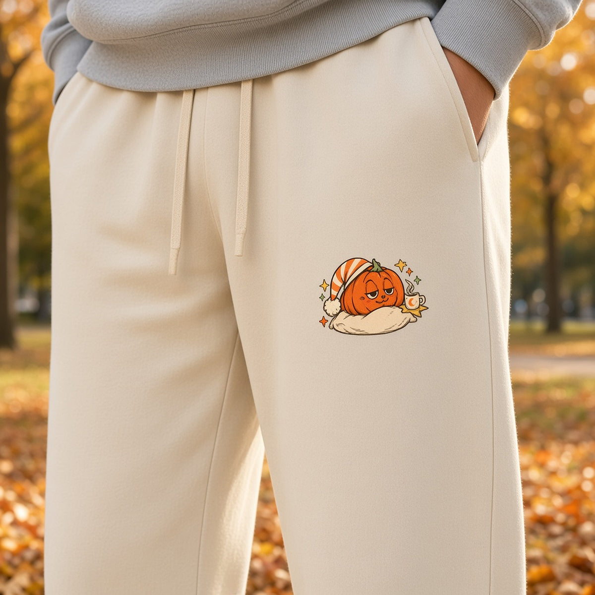 Close-up of the sleepy pumpkin on a pillow print on EvoCore Pumpkin Pause Washed Sweatpants in Apricot, autumn park leaves behind.