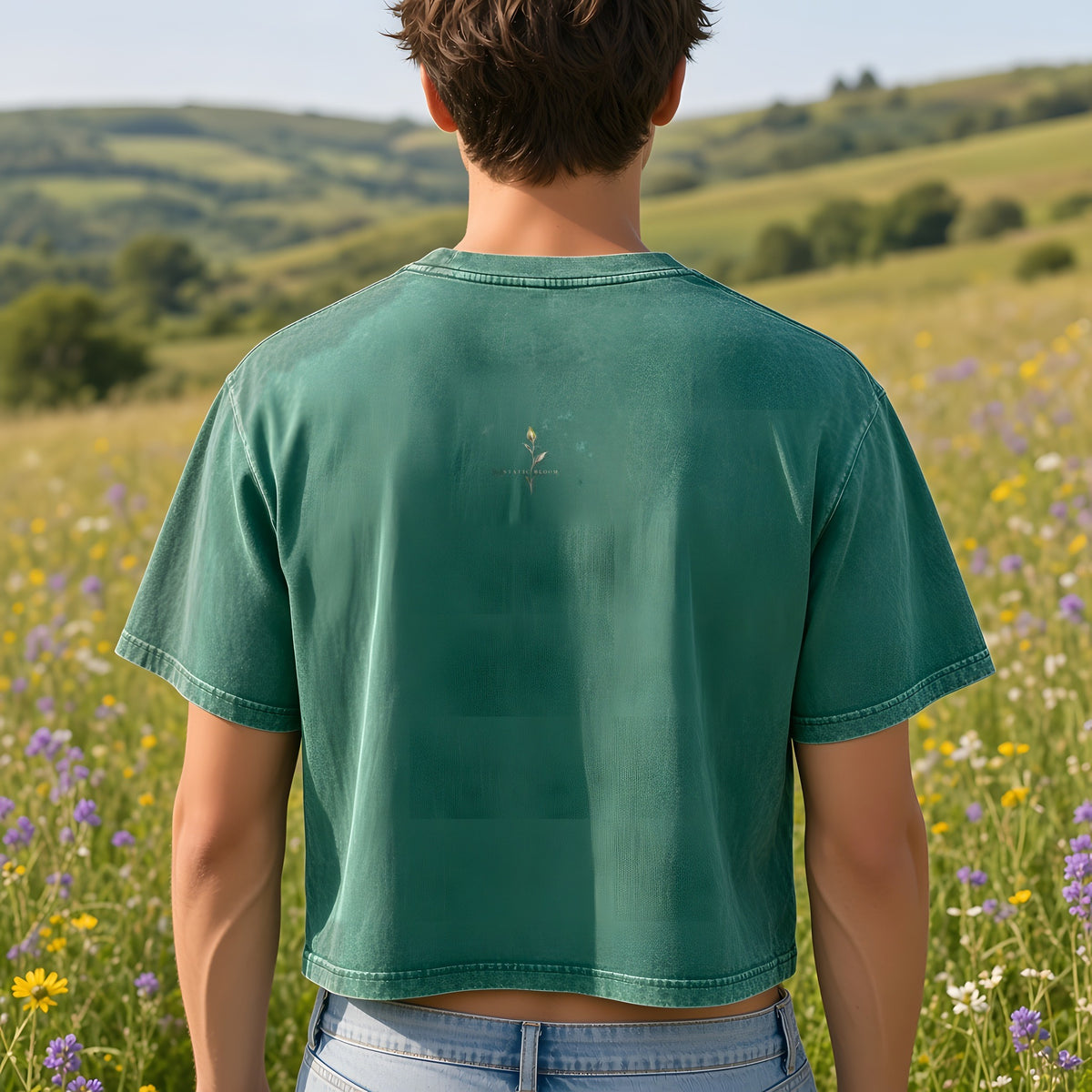 Back view of the Blackish Green EvoCore Static Bloom Boxy Tee showing the back print, wildflower meadow.