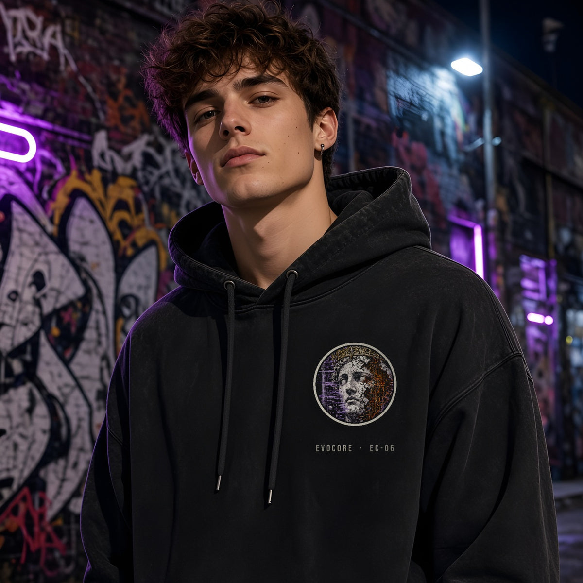 Front of the EvoCore Static Relic Hoodie in washed black with the round cracked-statue chest badge and EVOCORE · EC-06 text