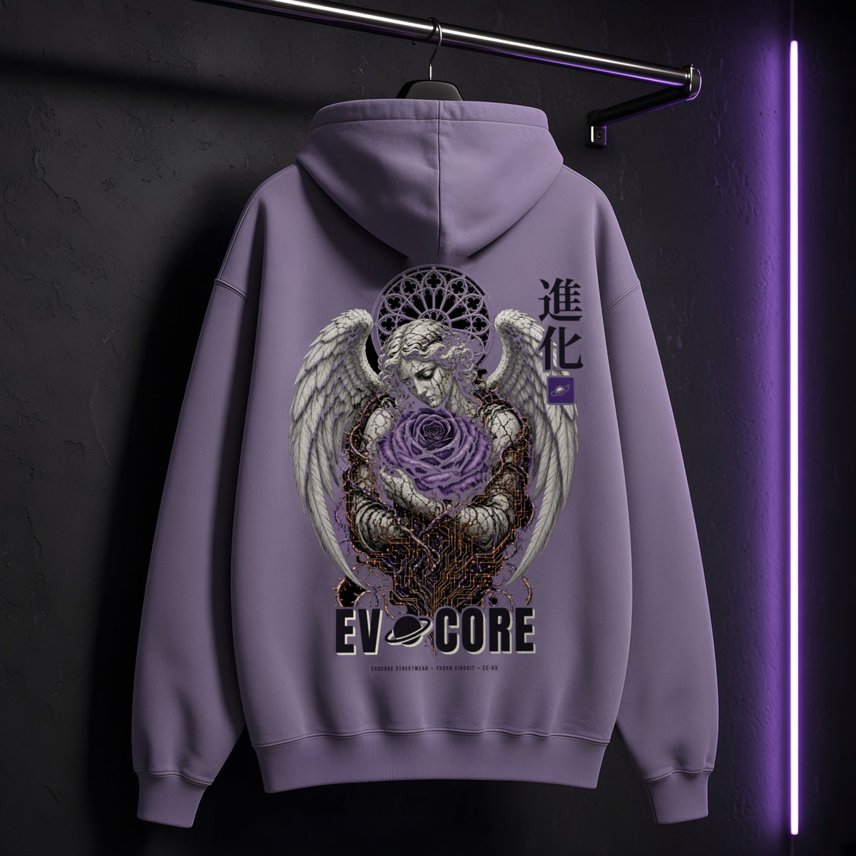 EvoCore Thorn Circuit Hoodie in lavender hanging against a dark wall with violet neon, showing the full-back angel, rose and circuit-thorn print