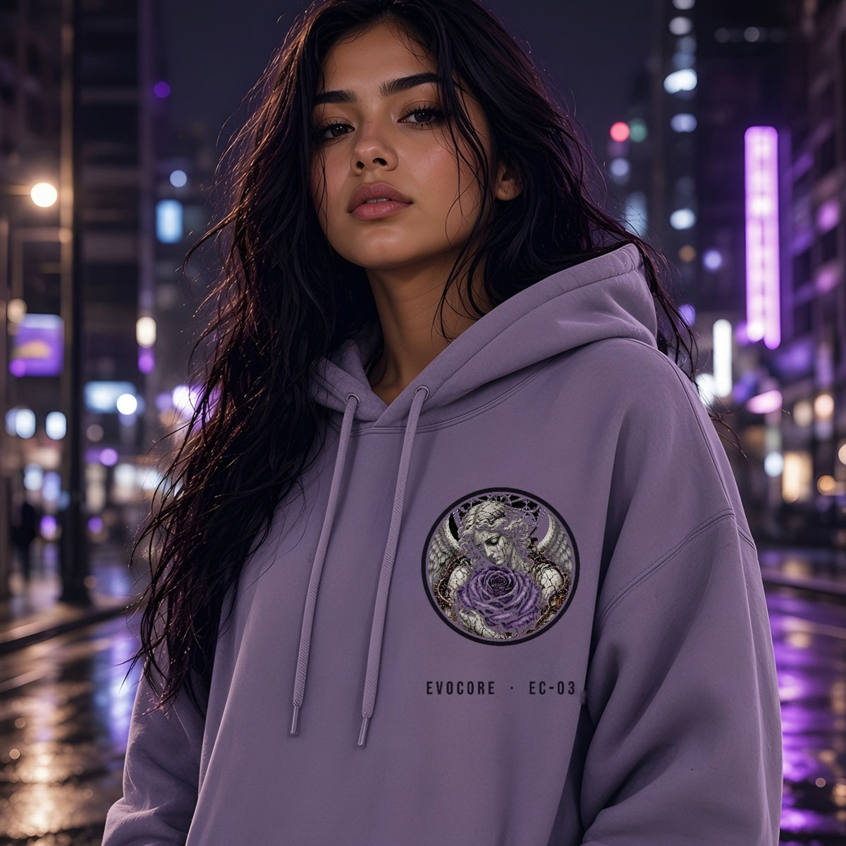 Front of the EvoCore Thorn Circuit Hoodie in lavender with the round angel-and-rose chest badge and EVOCORE · EC-03 text