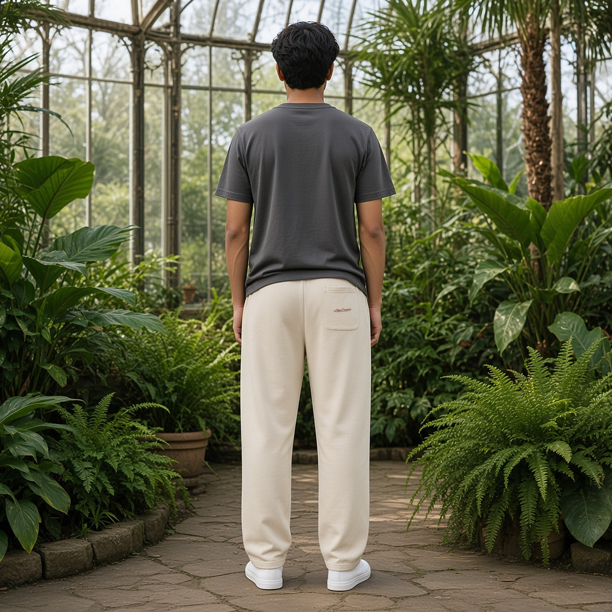 Back view of EvoCore Thornlight Conservatory Apricot loose sweatpants in a greenhouse garden, EvoCore wordmark on the rear patch pocket.