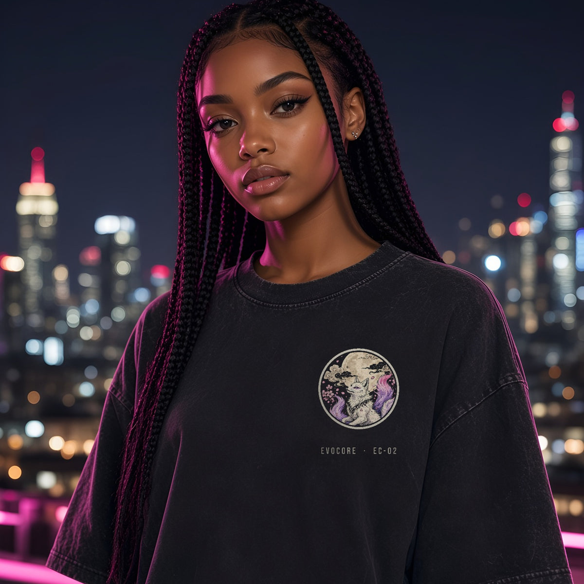 Front of the oversized EvoCore Yozakura Tee with the round fox-and-moon chest badge and EVOCORE · EC-02 text