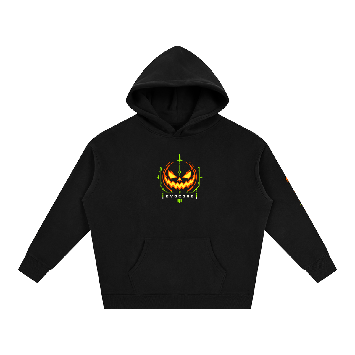 Front of EvoCore Pumpkin Mecha Hoodie in black, with a glowing jack-o'-lantern reactor emblem and EvoCore lettering on the chest.