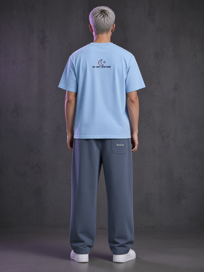 AI concept visualization — Ghost Sleep Mode Washed Sweatpants, back, full outfit with the matching Ghost Sleep Mode Graphic Tee (not a photo of a real sample)