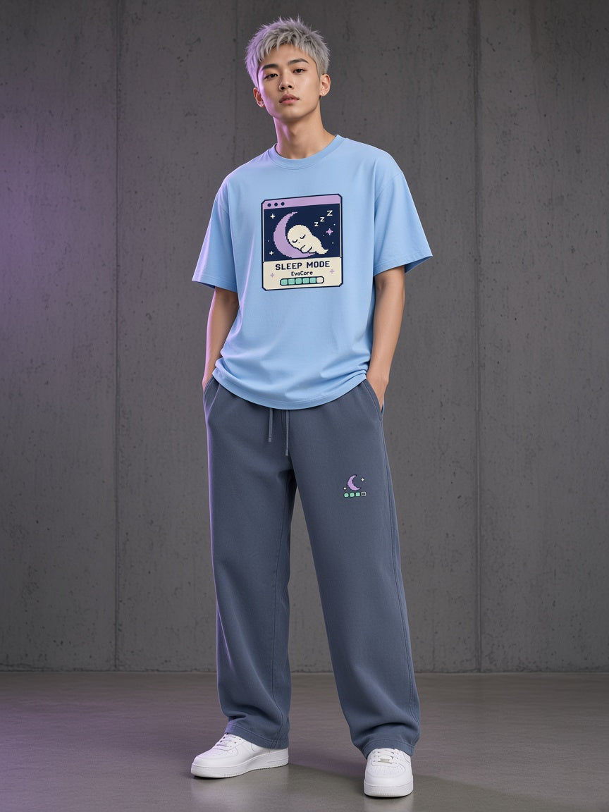 AI concept visualization — Ghost Sleep Mode Washed Sweatpants, front, full outfit with the matching Ghost Sleep Mode Graphic Tee (not a photo of a real sample)