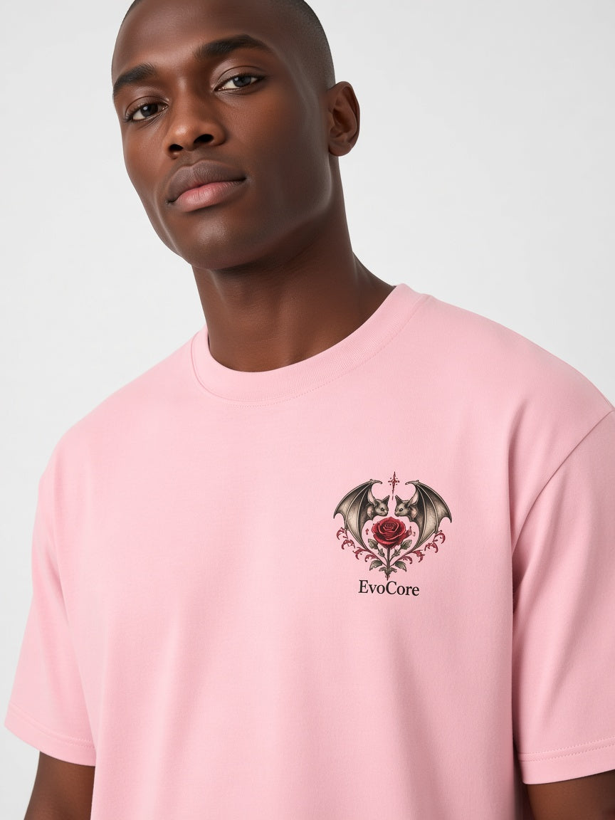 AI concept visualization — Love at First Bite Graphic Tee, front, worn chest-up on a model (not a photo of a real sample)