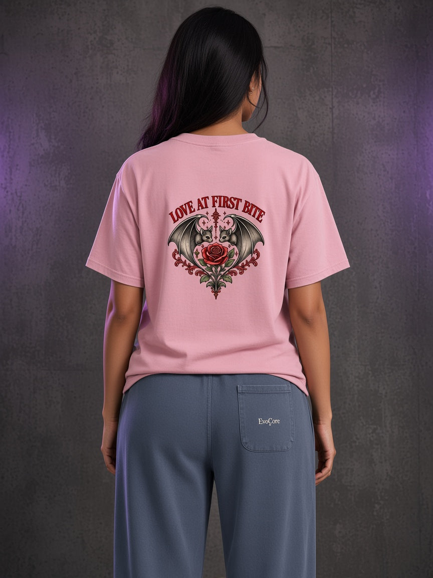 AI concept visualization — Love at First Bite Washed Sweatpants, back, full outfit with the matching Love at First Bite Graphic Tee (not a photo of a real sample)