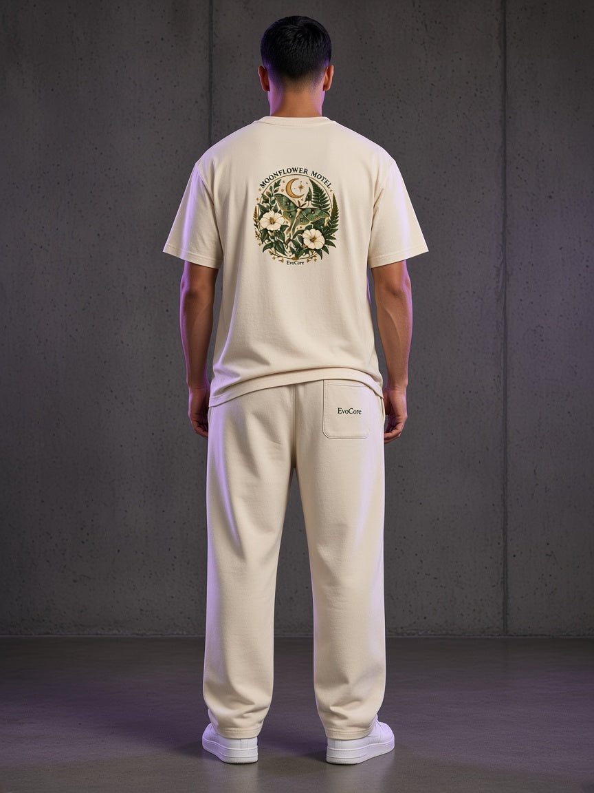 AI concept visualization — Moonflower Motel Washed Sweatpants, back, full outfit with the matching Moonflower Motel Graphic Tee (not a photo of a real sample)