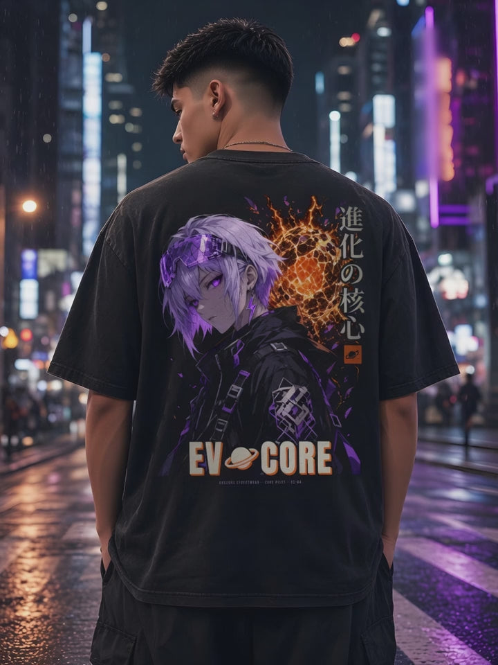 Short clip of the EvoCore Core Pilot Tee back print at a rainy neon crosswalk