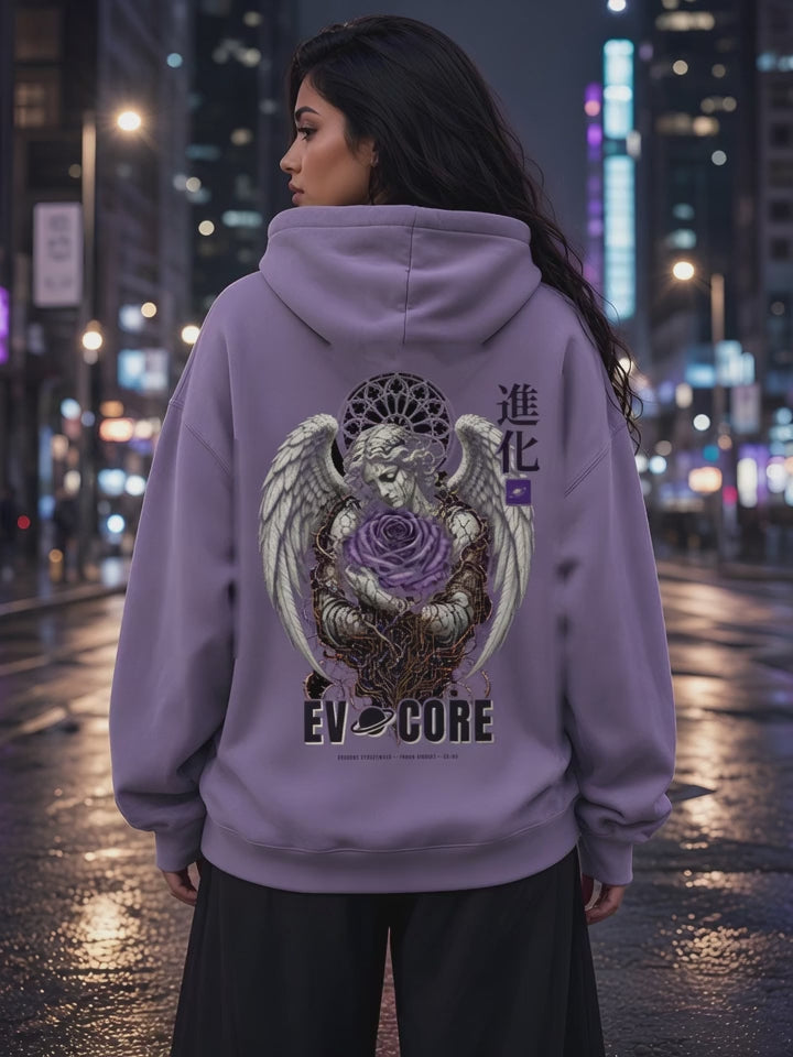 Short clip of the EvoCore Thorn Circuit Hoodie back print on a neon city street at night