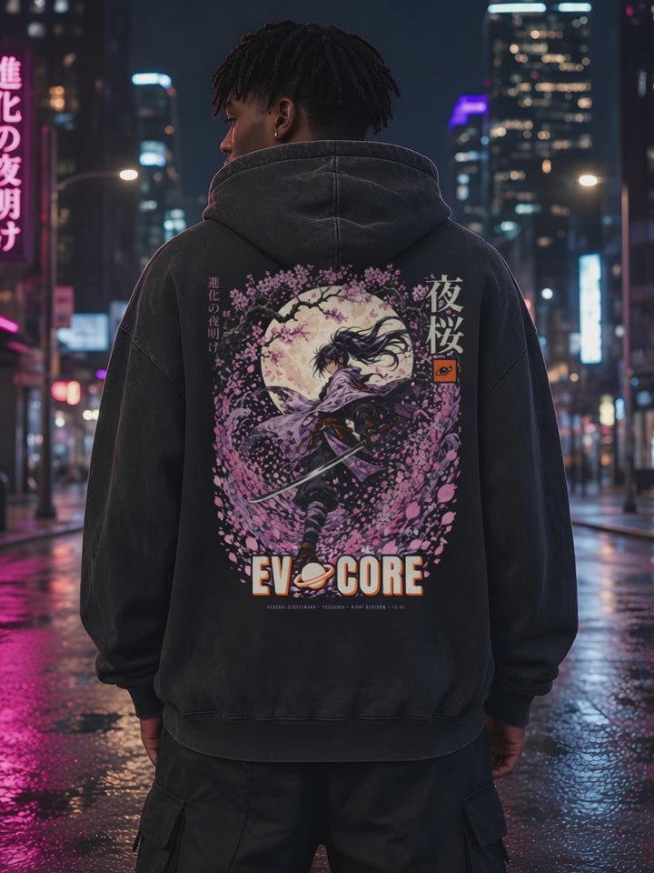 Short clip of the EvoCore Yozakura Hoodie back print on a rainy neon street at night