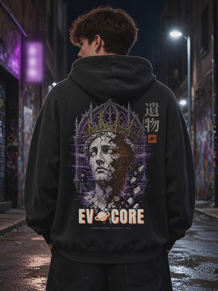 Short clip of the EvoCore Static Relic Hoodie back print in a neon alley at night