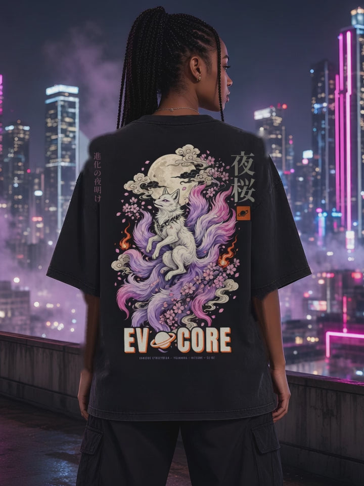 Short clip of the EvoCore Yozakura Tee back print on a rooftop with the city skyline at night
