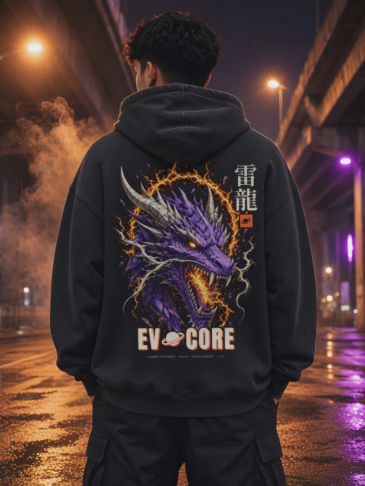Short clip of the EvoCore Thunder Dragon Hoodie back print under a steamy overpass at night