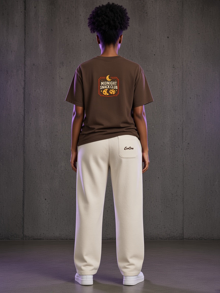 AI concept visualization — Pumpkin After Hours Graphic Tee, back, full outfit with the matching Pumpkin After Hours Washed Sweatpants (not a photo of a real sample)